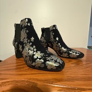 Anne Klein Black Booties with Gold Floral Pattern